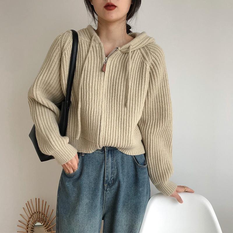 Women's Sweet Candy Color Hooded Knit Cardigan - Soft, Glutinous, Short, Loose, Thickened with Zipper