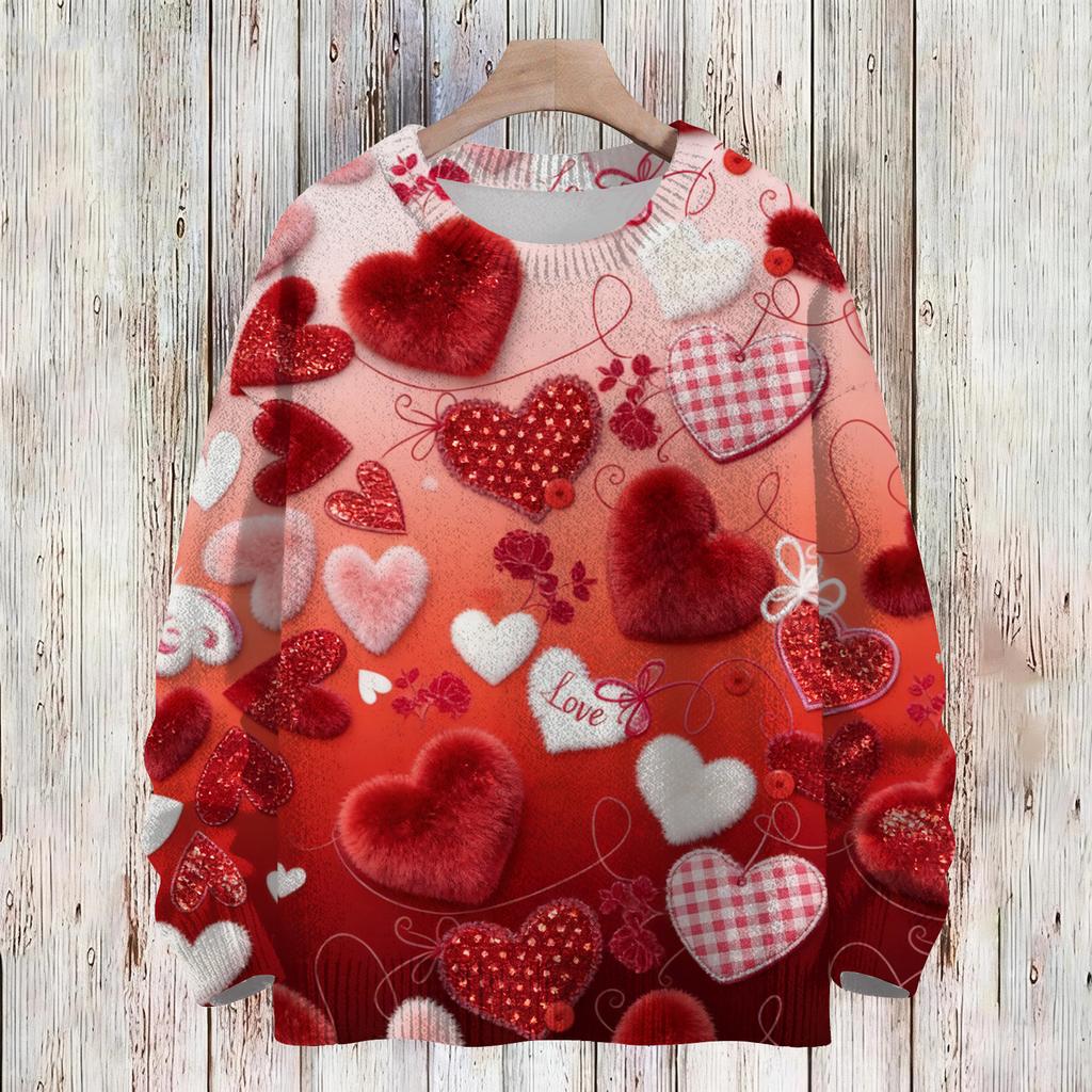 Women's Fashion Casual Long,Sleeve Valentine's Day Round,Neck Knit Pullover Top