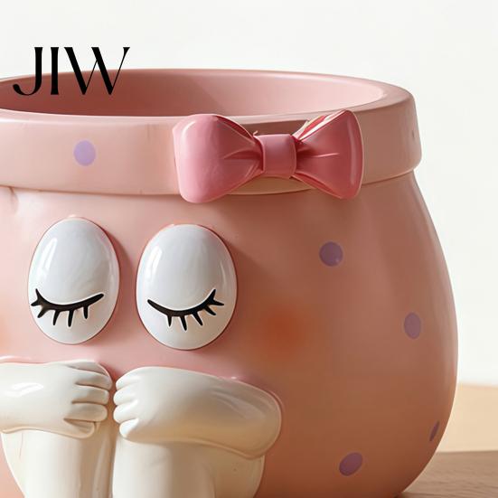 Desktop Storage Accessories Cute Cartoon Girl Pen Holder, Resin Makeup Brush Decorative Holder Organizer with Bow Design, Sundries Bucket for