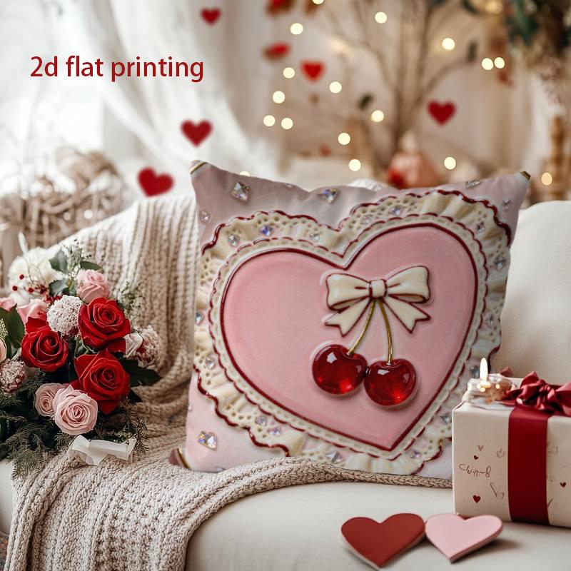 Heart-Shaped Pillow with Cherries and Bow Decoration Pattern Cushion Cover Suitable for Sofa Bedroom Car Pillow Cover