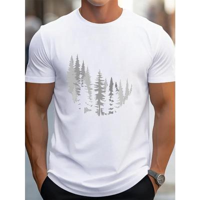 European Sizes Men's  T-Shirt with Pine Tree Silhouette Print - Breathable Moisture-Wicking Round Neck Short Sleeve
