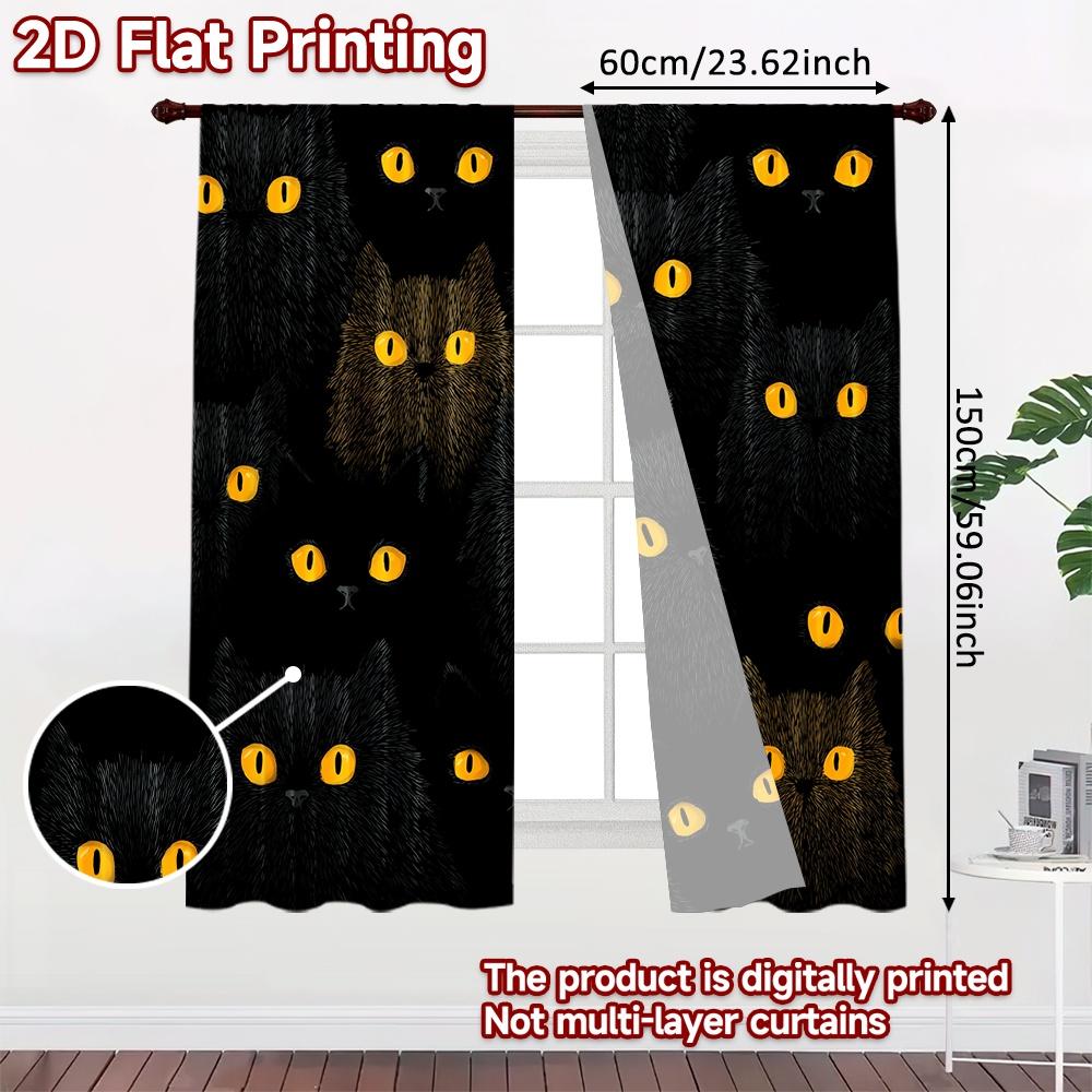2D FLAT PRINTING 2pcs Curtains (Without Rod) Halloween Black Cats Gathering Modern Fashionable Curtainments During the Ramadan