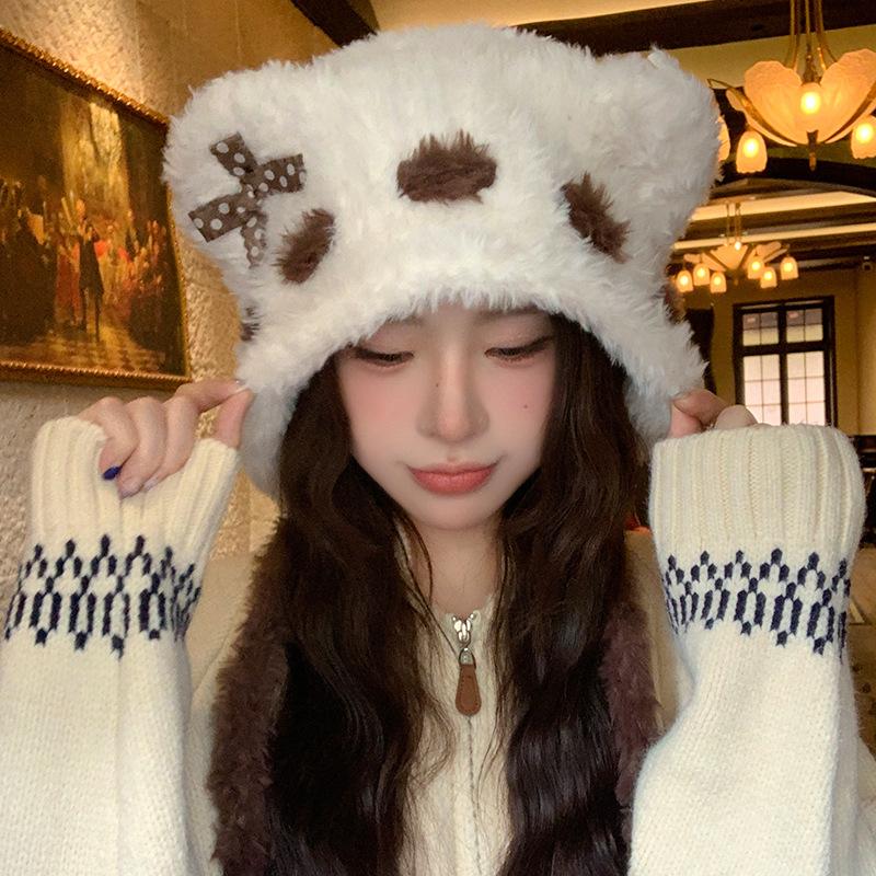 Cute Bear Bow Plush Knitted Hat Children Winter Warm Ear Protection Versatile Face Small Wool Hat