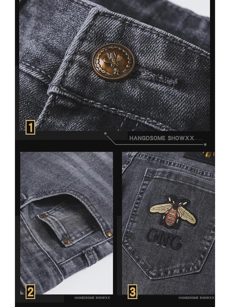 Herren Slim Fit Europäische Jeans mit Bienenstickerei
