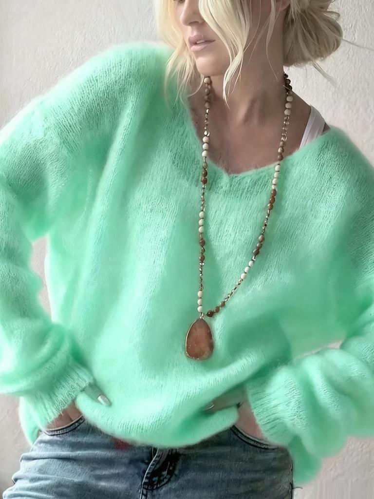 Soft and Fluffy V-Neck Long Sleeve Sweater Women's Autumn Winter Pullover Solid Color Lazy Style Loose Knit Top