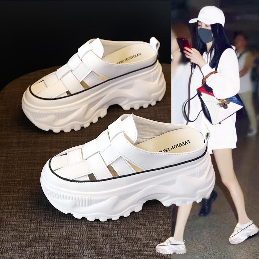 Sandálias de Plataforma Sapatos Femininos Chinelos com Aumento de Altura Interna Verão Feminino para Exterior Novo Sandálias Respiráveis de Couro de Vaca com Bico