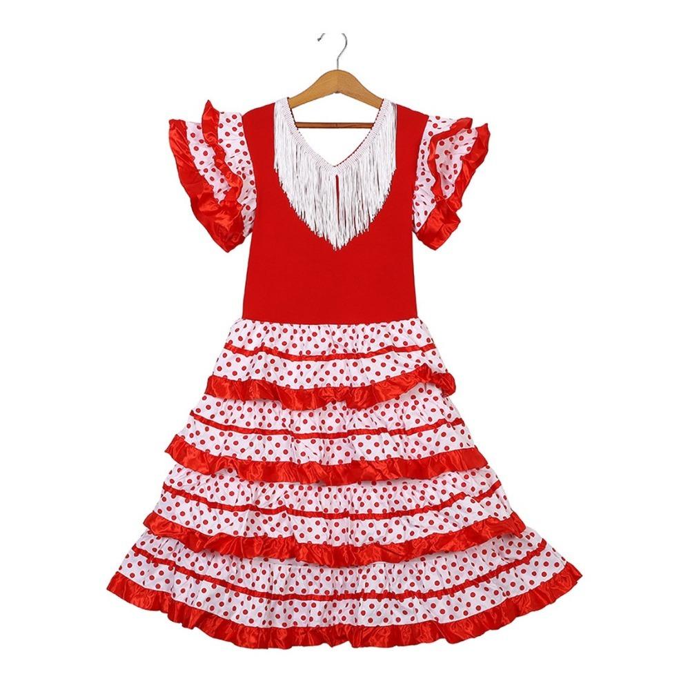 Dot Design Spanish Dance Dress Short Sleeve Gypsy Dress Fashion Festival Tassel Dress Cosplay