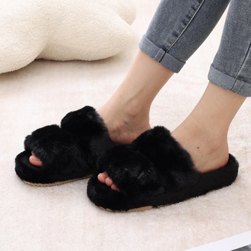 Fashion Shevalues Winter Plush Lining Women's Slippers Fur Soft Sole Indoor Slides Non-slip Cotton Slides Furry Warm Slippers For Women