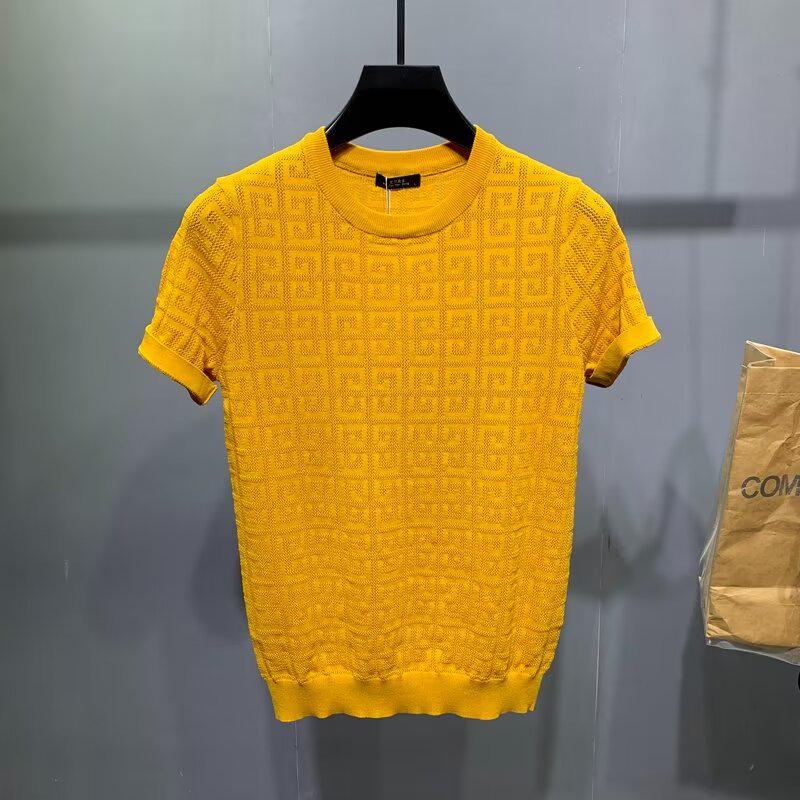 

Футболка мужская облегающая из жаккардового трикотажа Ice Silk - короткий рукав, летняя, модная, универсальная и удобная XL жёлтый