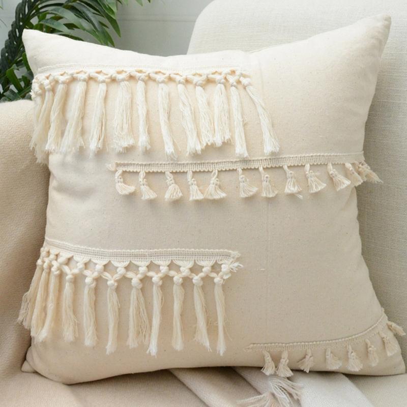 Soft Cotton-ramie Pillow Covers, European Style With Tassels Cushion Cover Shell for Sofa Bedroom Cream Beige Stylish