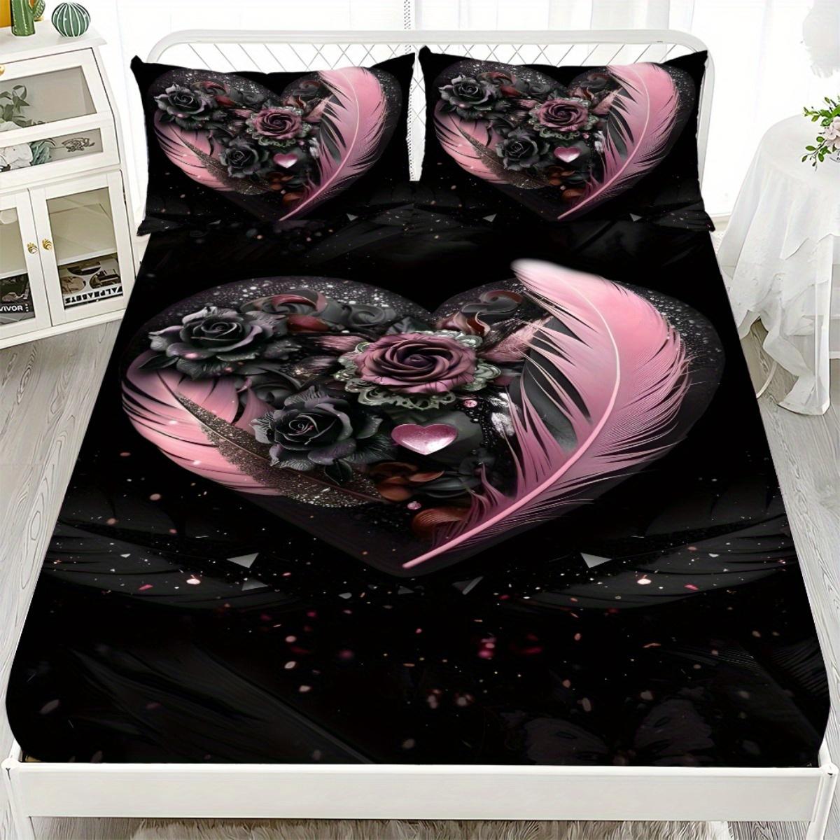 

1pc Fitted Sheet Set Black Pink Feather Rose 3D Print 100% Polyester Cover Breathable Bedding Set Home Decor without Pillowcase 99x190x25cm