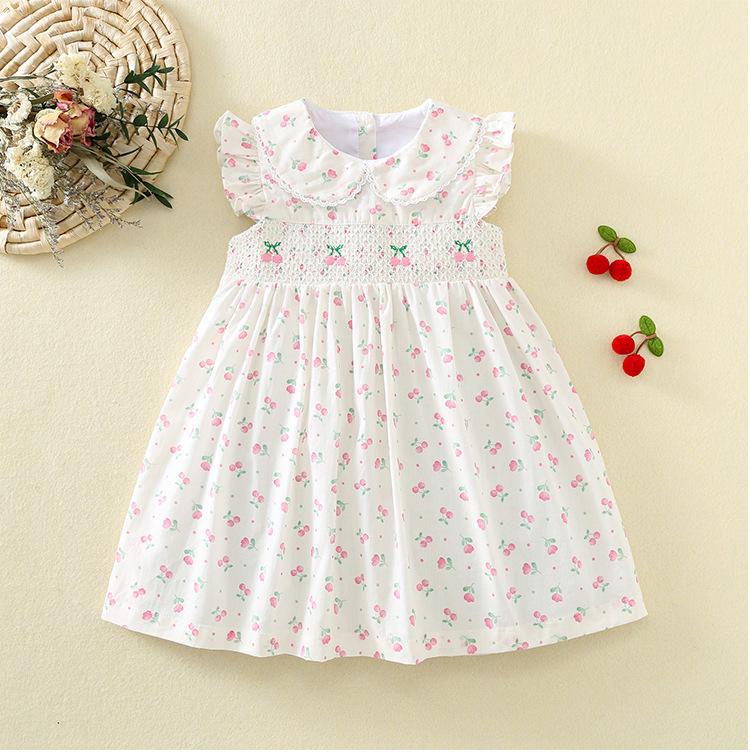 Sweet Summer Girls Cotton Dress With Cherry Embroidery Smocked Fly Sleeve Printed Party Dress For Kids 80cm розовый