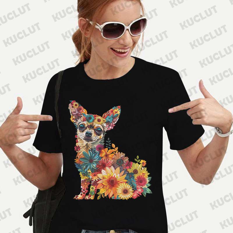 Dámské tričko s květinovým vzorem a čivavou, módní halenka s krátkým rukávem, Harajuku Ulzzang letní Y2k topy, dámské estetické oblečení