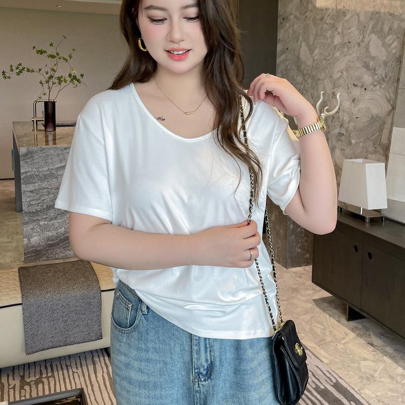 New V-neck Right Shoulder Large Size Solid Color Short-sleeved T-shirt for Women Summer Sexy Hot Girl Top Fashionable To Wear Outside