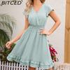 Women's Spring/Summer Waist-Defining V-Neck Dress Vacation Casual Short-Sleeve Slimming Dress
