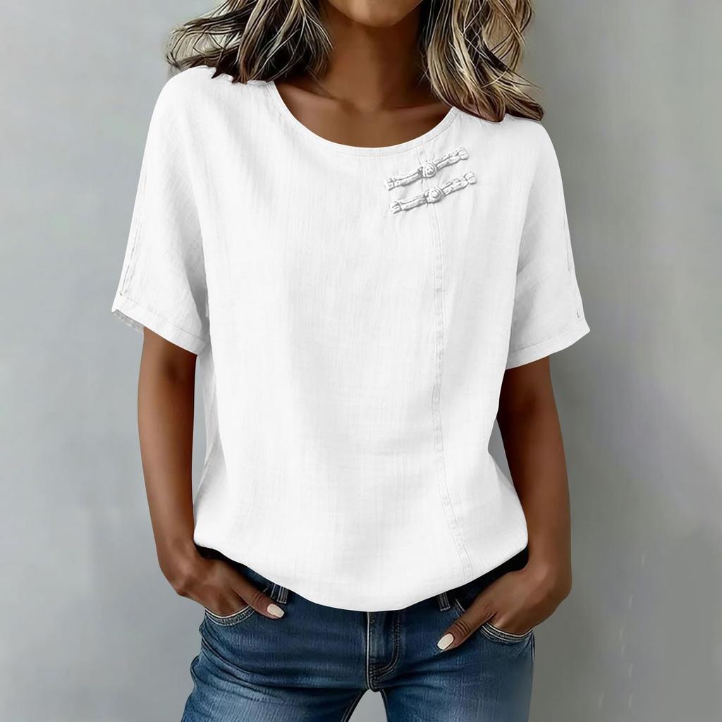 Women Short Sleeve Round Neck Button Shirt Casual Linen Blend Top Lightweight Breathable Summer Blouse with Decorative Buttons