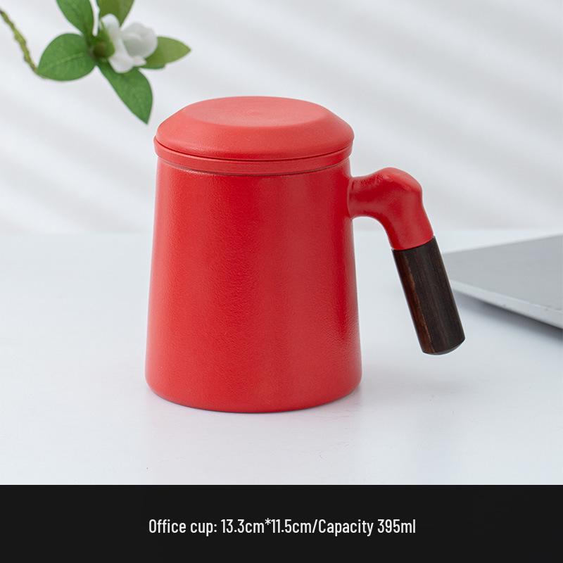 Ceramic Tea Brewing Mug with Wooden Handle, Lid, and Filter - Large Capacity Office Souvenir Cup