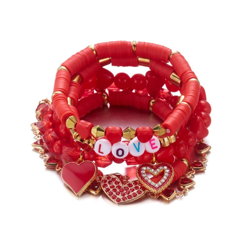 Letters Soft Clay Beaded Bracelet Red Beads Heart Pendant Hand Chain  New Year Gift