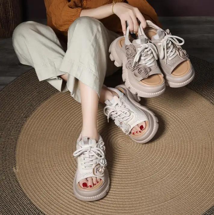 Fashion High Quality 7CM Cow Genuine Leather Women Flats Pumps Peep Toe Flower Platform Wedge Ladies Hollow 2025 Summer Fashion Sandals
