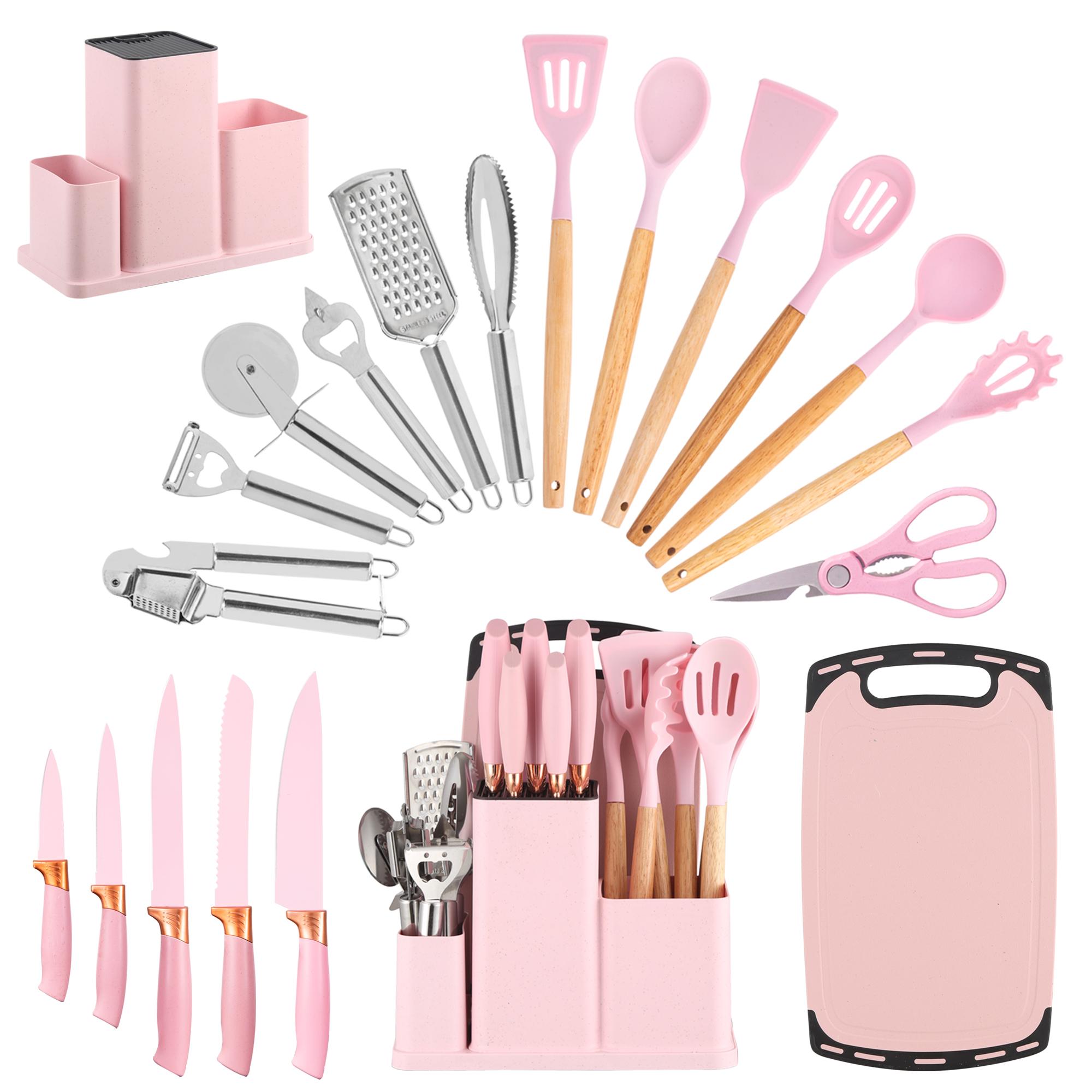 20-teiliges Küchenmesser- und Besteckset mit Kochwerkzeugen, Schneidebrett und Halter, Arbeitsplatten-Aufbewahrungsorganizer für die Heimküche rosa