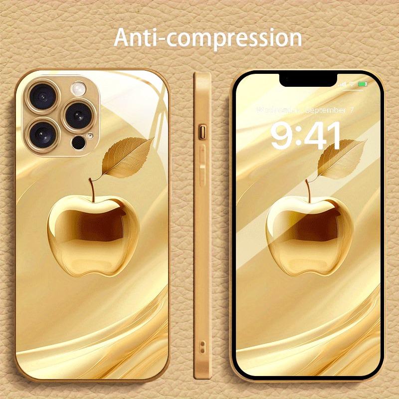 Or de Luxe Motif Apple Peinture Métallique Verre Coque de Téléphone Pour iPhone 17 16 15 14 13 12 11 Pro Max 15 Plus 17 Air 16E Housse