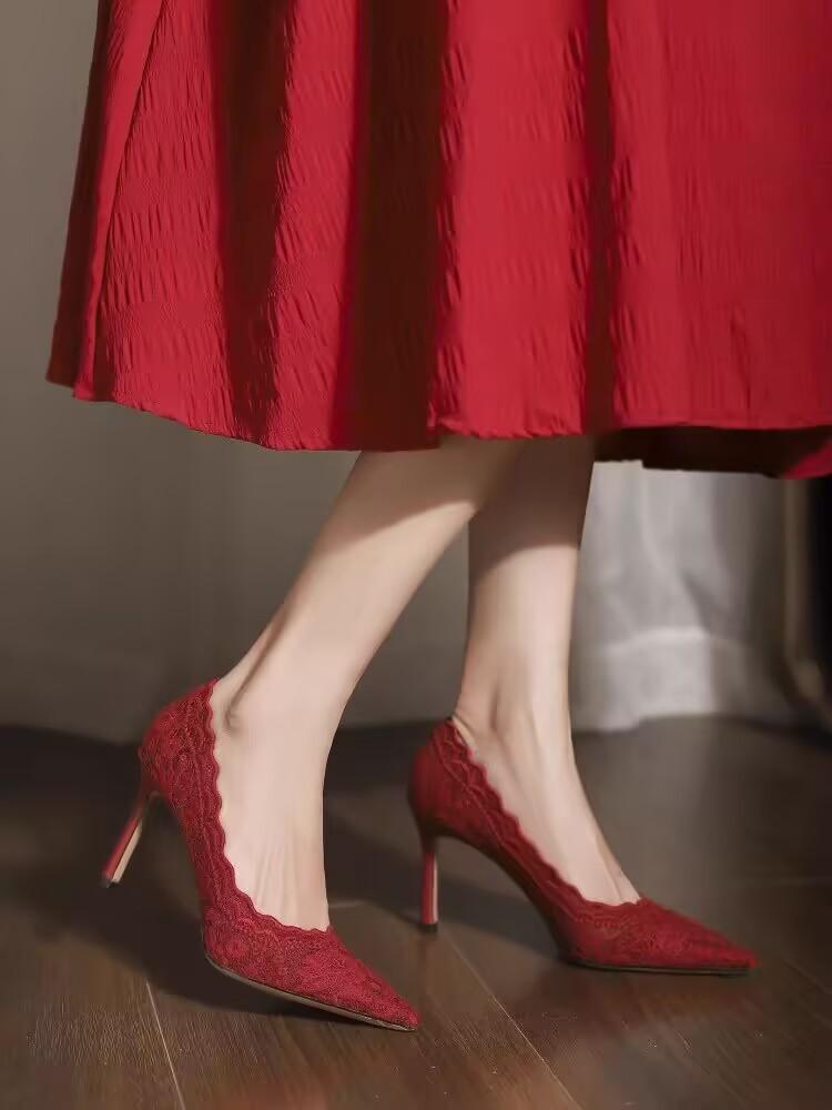 White Wedding Shoes Bridal Shoes Design Sense 2026Lace Pointed Stiletto Heel Shallow French High Heels Female Temperament