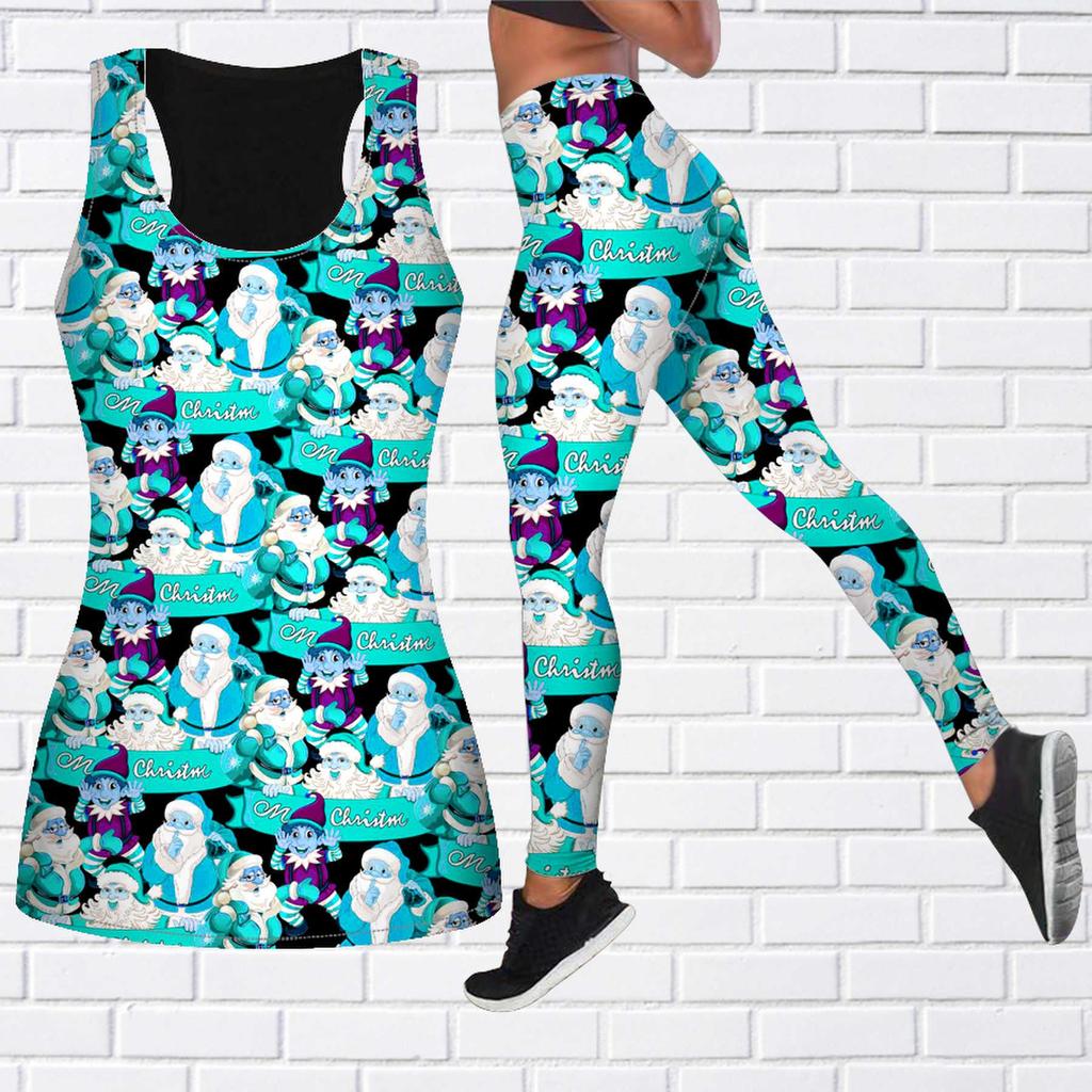 Lila Weihnachtsmann-Druck-Yoga-Outfit für Damen, modische Workout-Leggings, Fitness, Sport, lässige Yoga-Hose