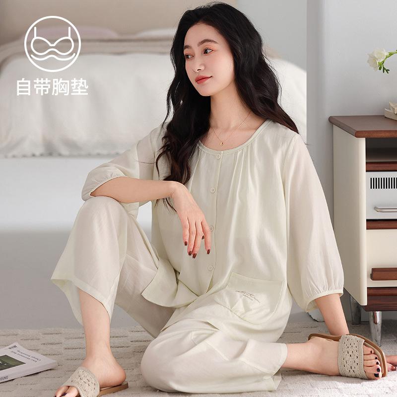 Pajamas Ladies Summer Seven-Point Cuffs Chest Pad Tencel Lyocell Middle-aged Mom Lady Wind No Collar Homewear
