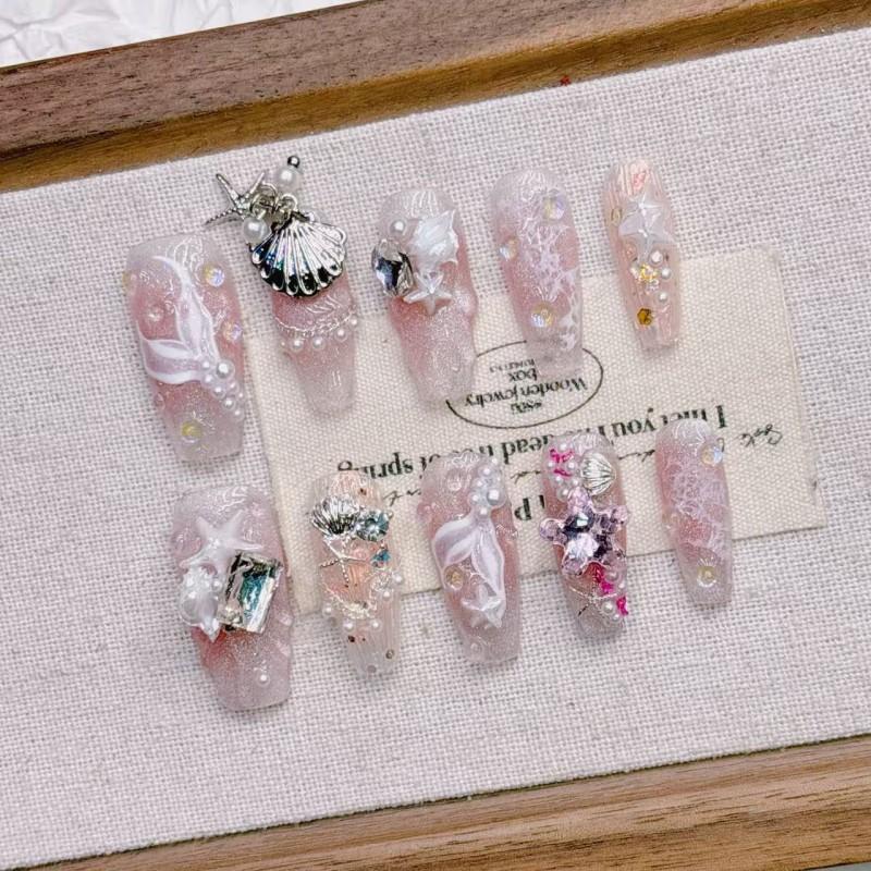 Handmade Long Press-On Nails With Pink Mermaid Tail Design Full Cover False Women Girls