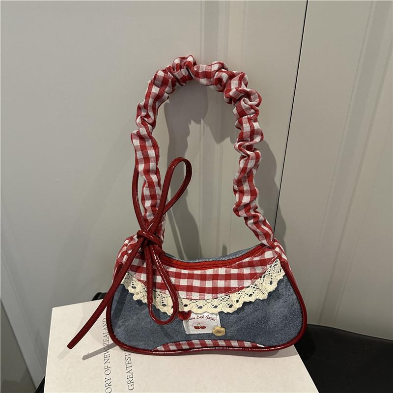 

Sweet Lace Bow Prints Ladies Shoulder Bags Women s Ctrast Color Lightweight Underarm Bags Pleated Design Female Hobos Handbags червоний