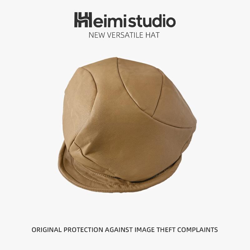 25 Early Autumn New Design Pleated Splicing Autumn and Winter Pu Leather Newsboy Hat Soft Brim Anti-wearing Beret Tide