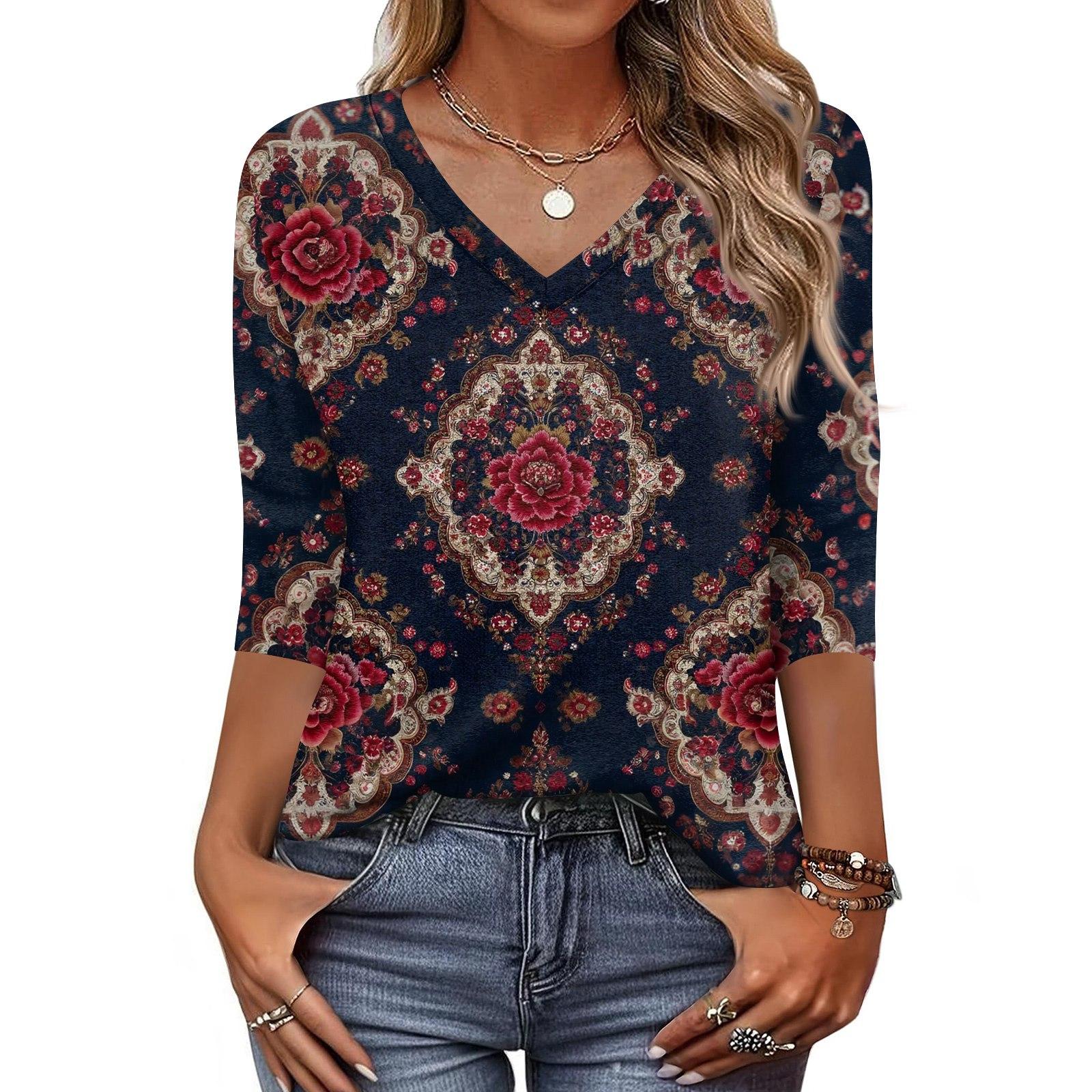 

Женская футболка с принтом, рукав 3/4, повседневная мода на выходные, базовый топ с V-образным вырезом L