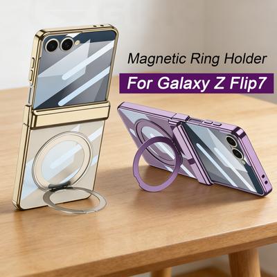 Magnetic Hinge Ring Holder Case for Samsung Galaxy Z Flip 7 Luxury Plating Edge Screen Glass Hard Cover for Galaxy Z Flip7 Case