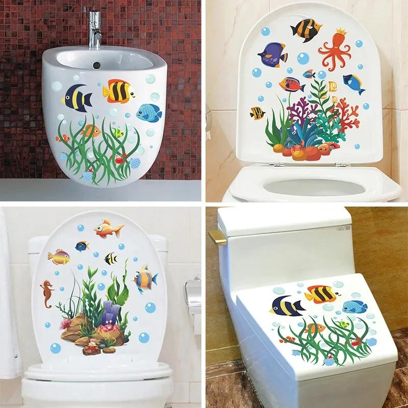 Cartoon Toilet Sticker WC Self Adhesive Mural Ocean Fish Wall Sticker Bathroom Toilet Lid Sticker Decal Home Decoration