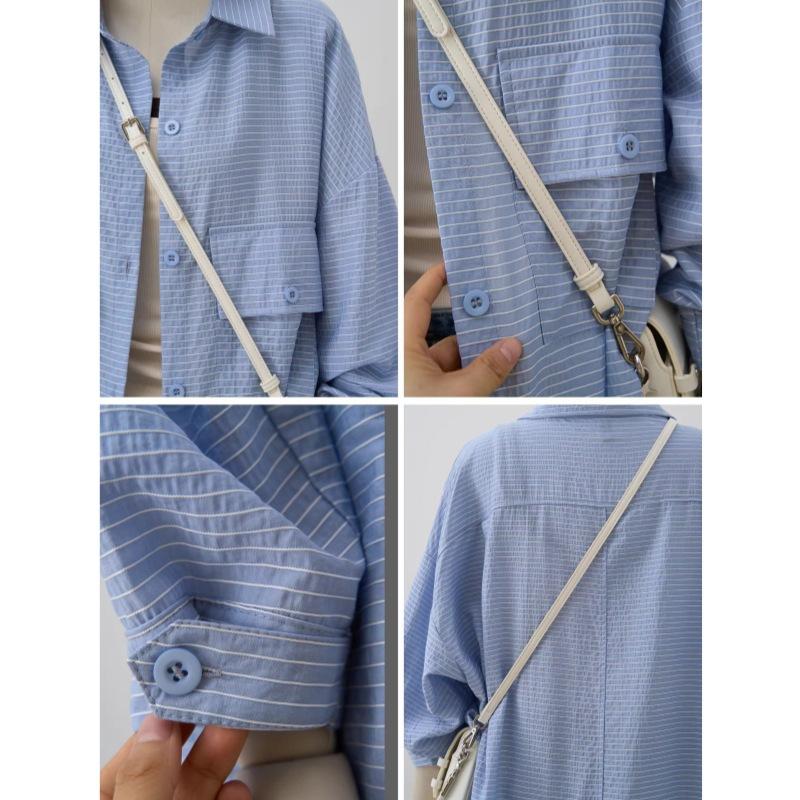 Spring Women's Shirt Medium To Long Length Flip Collar Long Sleeve Over Striped Shirt for Women