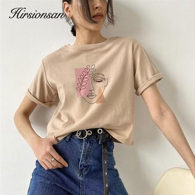 Hirsionsan Aesthetic Graphic Cotton T Shirts Women Summer Simple Line Print Loose Tees Vintage Short Sleeve Casual Female Tops