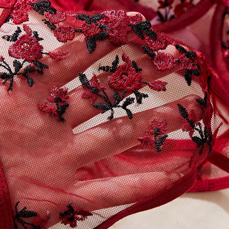 New Women Red Lace Exquisite Embroidery Floral Ultra-thin Deep V Sexy Lingerie Transparent Underwear Bra Set Erotic Costumes