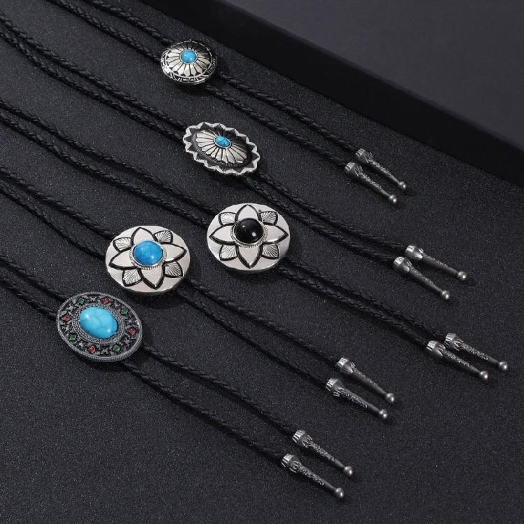 5Pcs Western Cowboy Vintage Flower Stone Pendant Bolo Tie Braided Leather Rope Cord Necktie Necklace Jewelry Neckwear