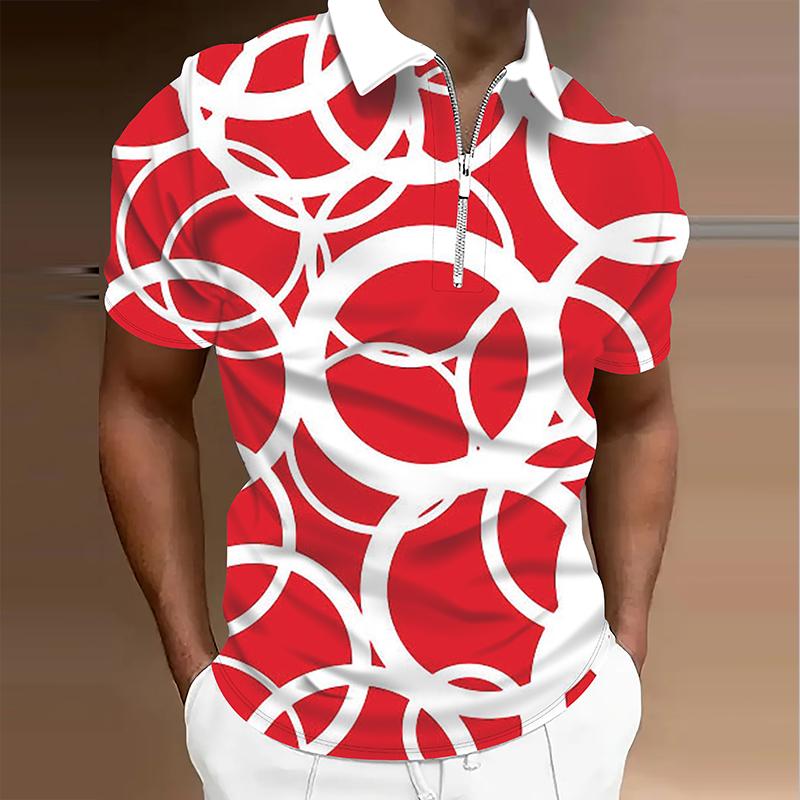 Men's  Shirt Polo Casual Zip Short Sleeve Fashion Casual Zipper Summer Spring Regular Fit 3D Geometric FigurePrint Shirt