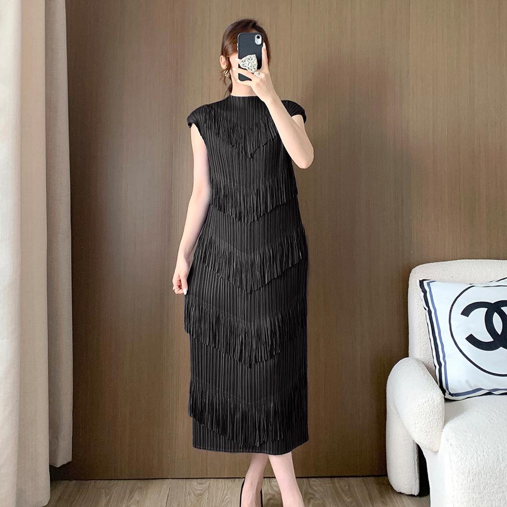 High-End Temperament Western Style Tassel Pleated Long Skirt for Spring/Summer