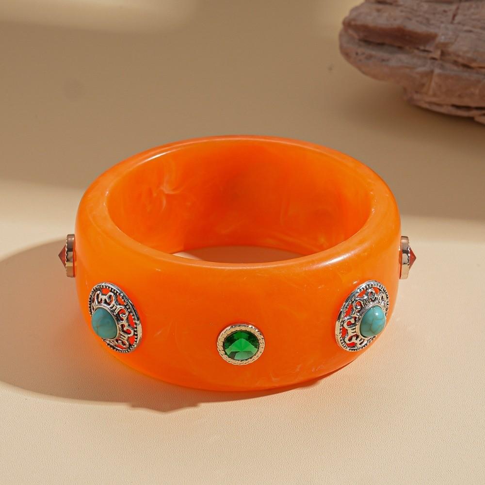 Wide Turquoise Acrylic Bracelet Turquoise Retro Hand Ring Acrylic Rhinestone Bangle  Decoration