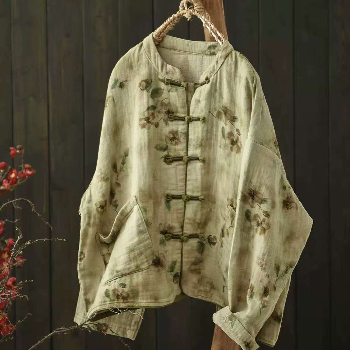 

Johnature Women Vintage Print Floral Jackets Stand Long Sleeve Autumn Coats Chinese Style Pockets Jackets One Size зелений