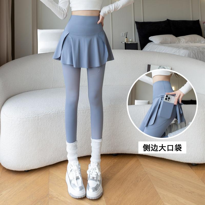 Pantaloni gonna finti due pezzi taglie forti da donna ad alta elasticità con tasca texture pelle di squalo leggings da yoga slim a nove punti pantaloni sportivi per 80-200 libbre