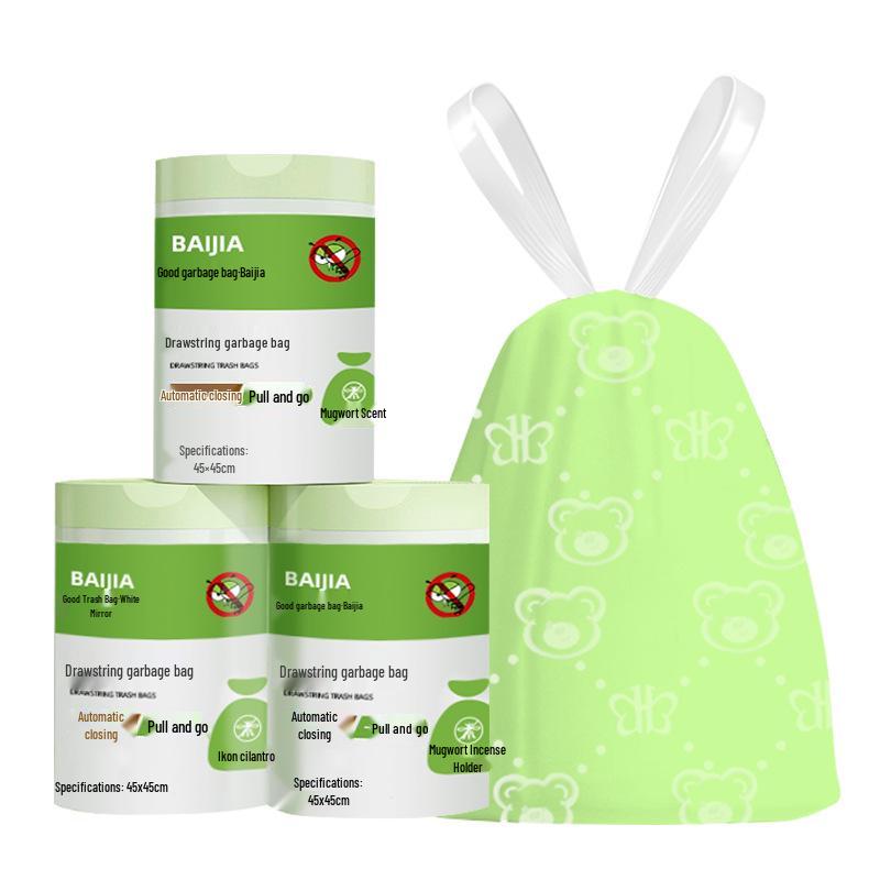 Mugwort Scent Mosquito-Repelling Trash Bags with Drawstring Closure, Thickened and Deodorizing for Kitchen Use