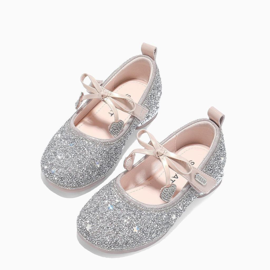 Girls Princess Shoes Children's Sparkling Shoes Autumn Soft Sole Little Girls Single Shoes Small High Heels Crystal Leather Shoes