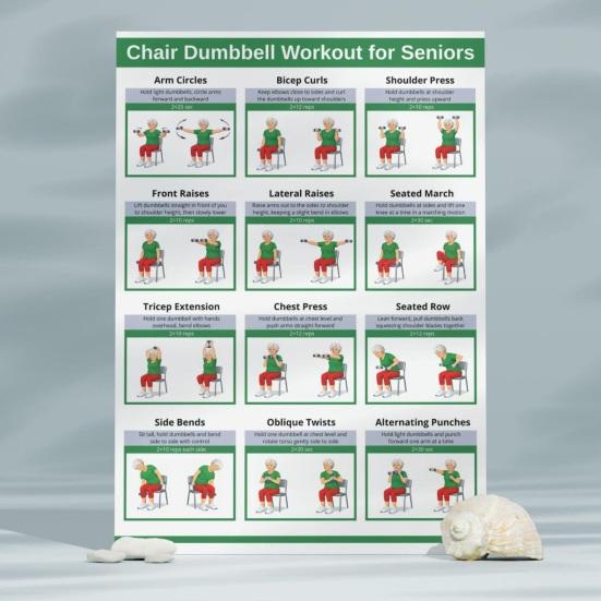 2Pcs Chair Dumbbell Workout Poster for Seniors Low-Impact Seated Exercise Chart with Easy Routines Strength Flexibility Guide for Elderly Home
