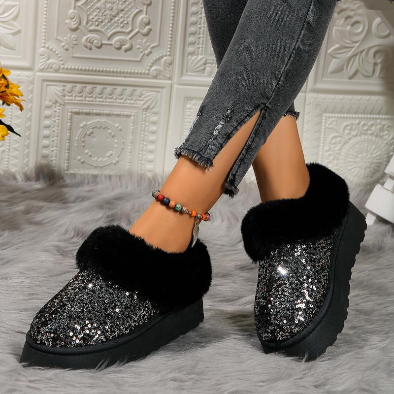 Faux Fur Winter Boots Women New 2024 Fashion Sequined Cloth Warm Snow Boots Woman Non-Slip Thicken Plush Ankle Booties Plus Size