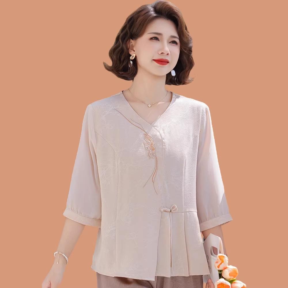 Elegant Chiffon Seven-Sleeve Top for Mom - Dignified & Stylish Summer Wear for Middle-Aged & Elderly Women