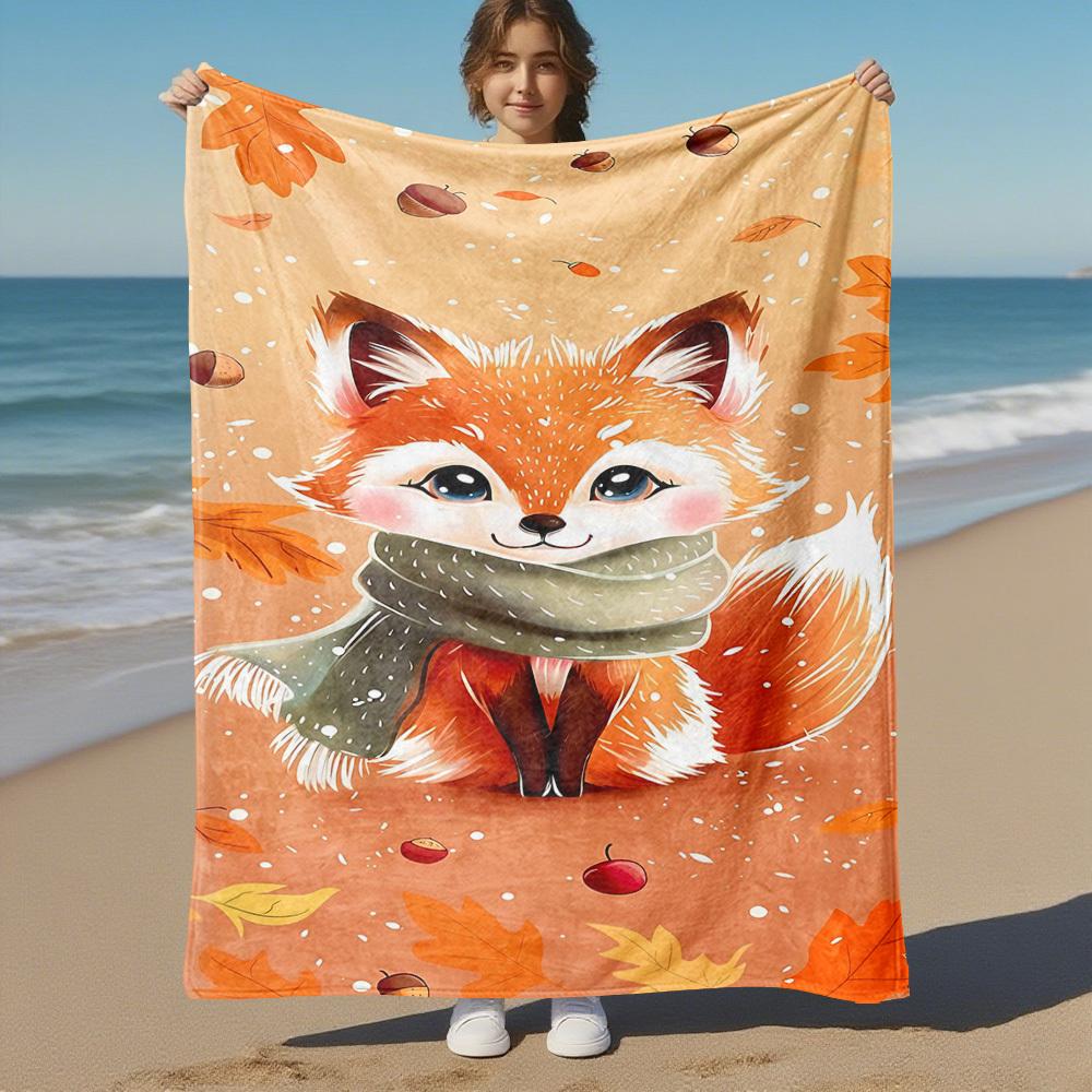 1PC Autumn FoxOutdoor Flannel Blanket - Soft Plush Decor for Picnics, Camping, Bedroom, Playroom, Office, or Lunch Break 1349A