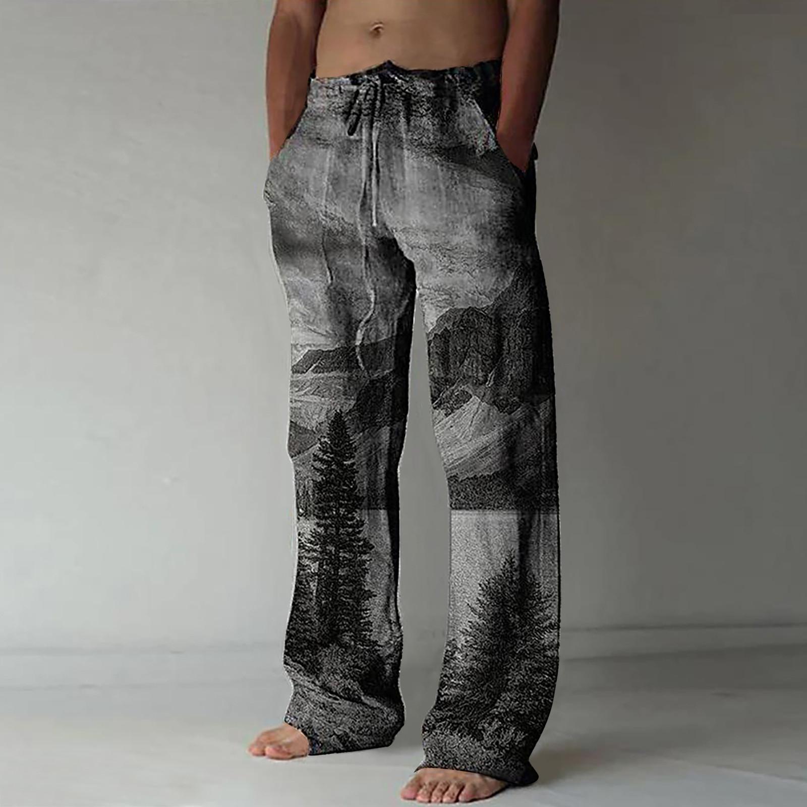Men s Casual Loose And Comfortable Casual Pants Cotton Linen Printed Drawstring Trousers XXXL